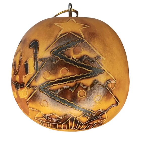 Handcarved Gourd Christmas Ornament Santa Stocking Bells 2.5" X 2.5" Brown - Picture 6 of 9